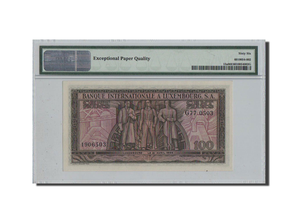 Luxembourg, 100 Francs, 1956, KM #13a, 1956-04-21, graded, PMG, UNC(65-70), G77