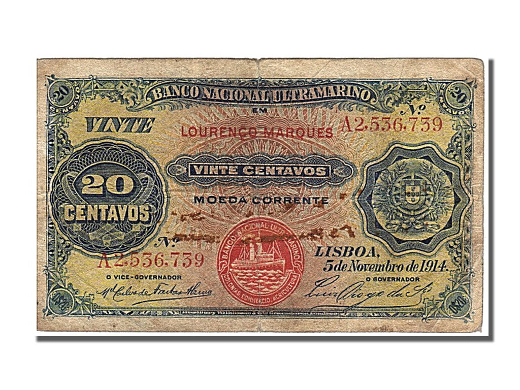 Mozambique, 20 Centavos, 1914, KM #57, 1914-11-05, VF(20-25), A