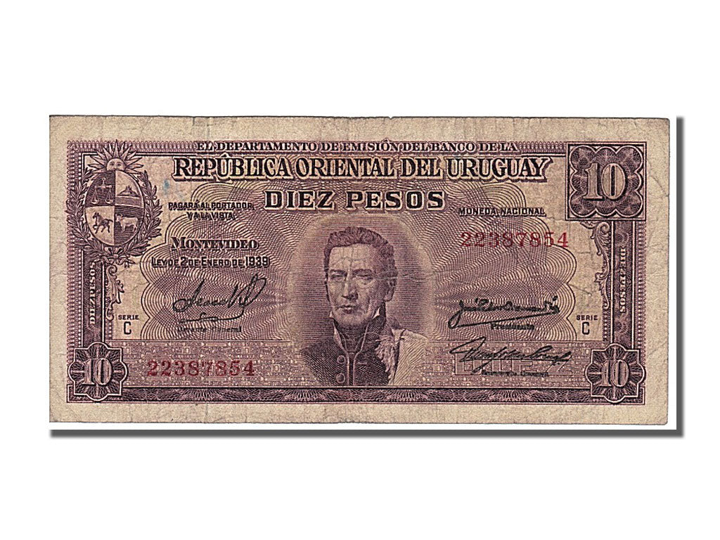 Uruguay, 10 Pesos, 1939, KM #37c, EF(40-45), C