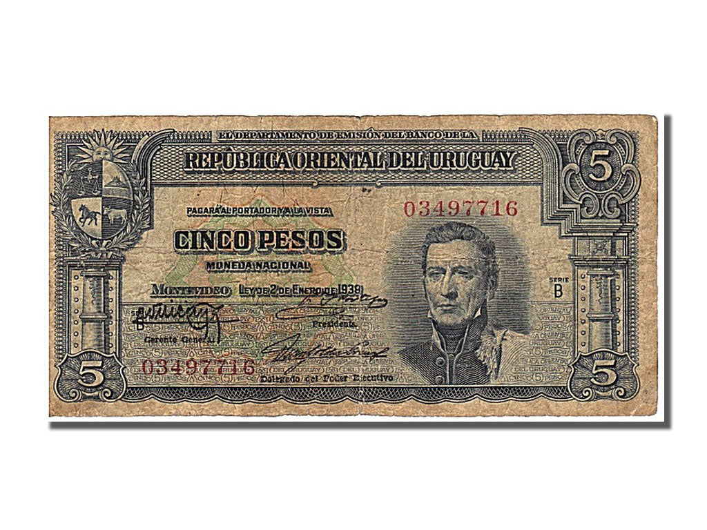 Uruguay, 5 Pesos, 1939, KM #36a, EF(40-45), B