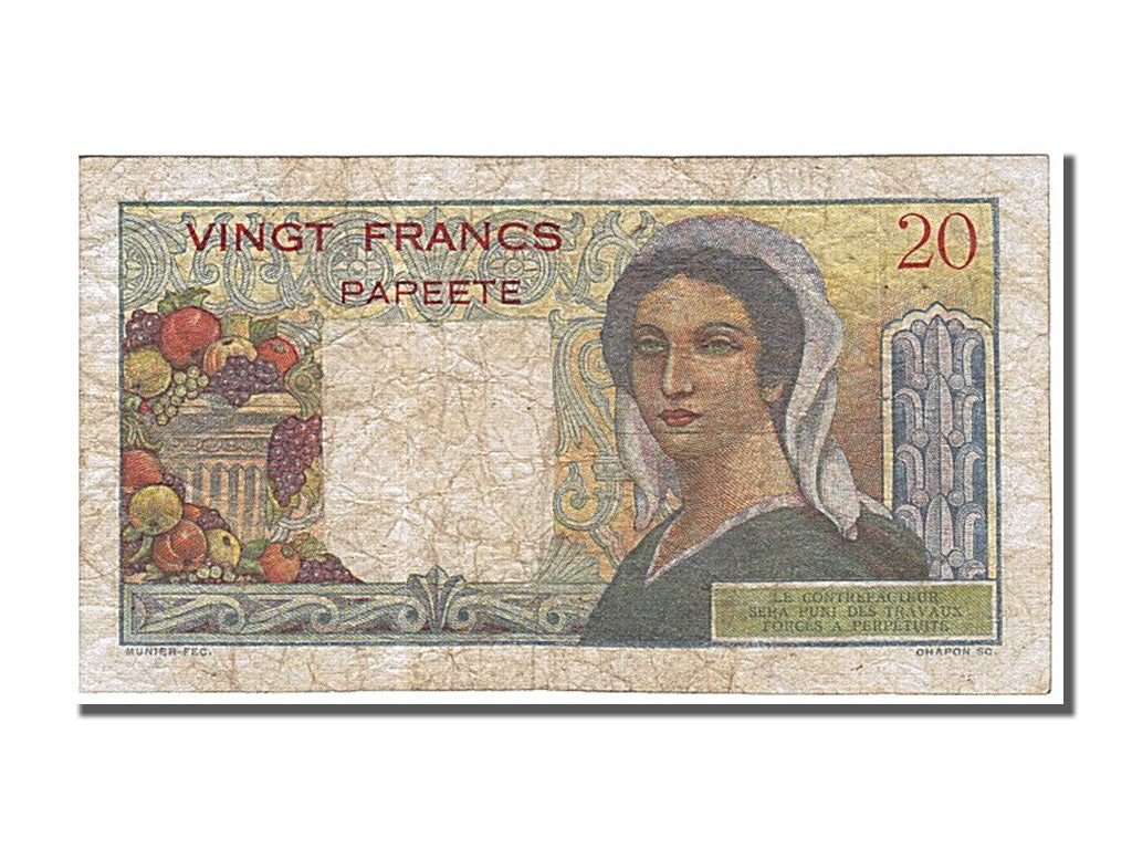 Banknote, Tahiti, 20 Francs, 1951, EF(40-45)