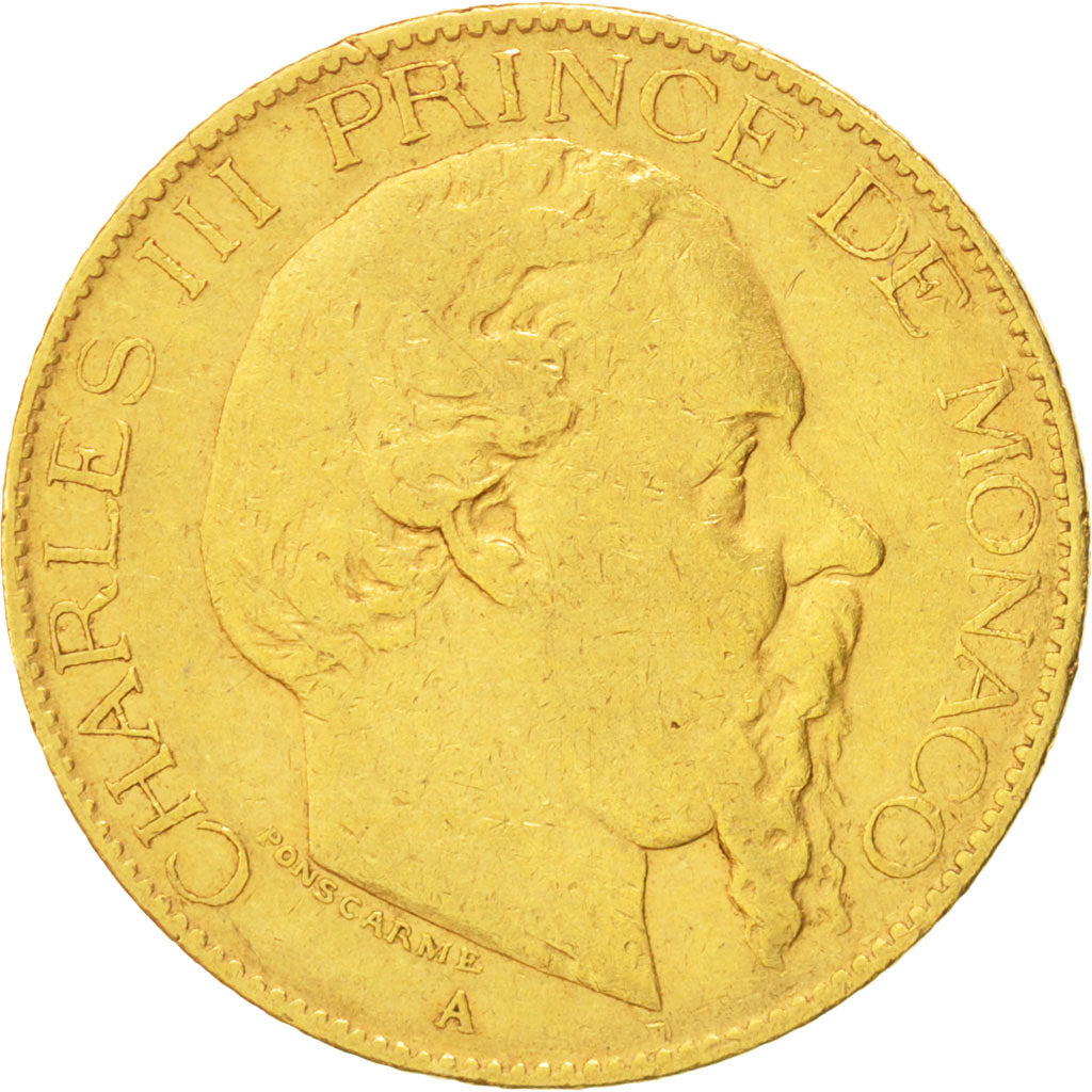 Monaco, Charles III, 20 Francs, 1879, Paris, VF(30-35),Gold,KM:98,Gadoury MC 120