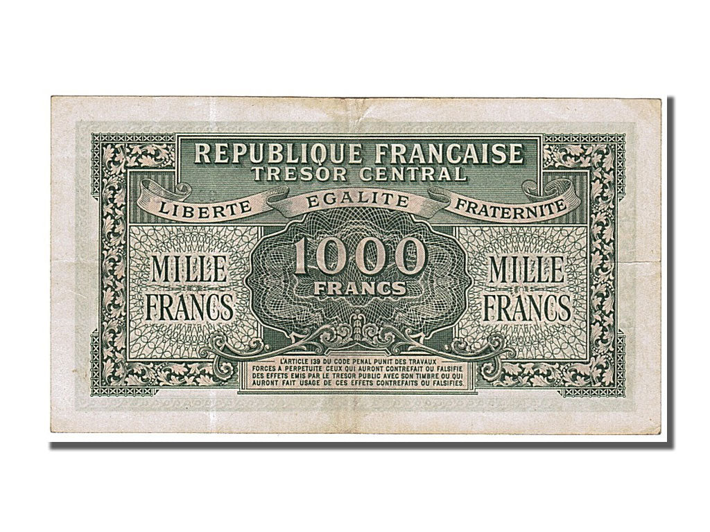 France, 1000 Francs, 1943-1945 Marianne, 1945, KM #107, AU(50-53), 90D, Fayette.