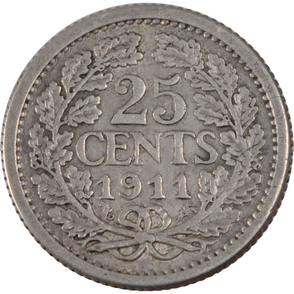 Moneta, Paesi Bassi, Wilhelmina I, 25 Cents, 1911, BB+, Argento, KM:146