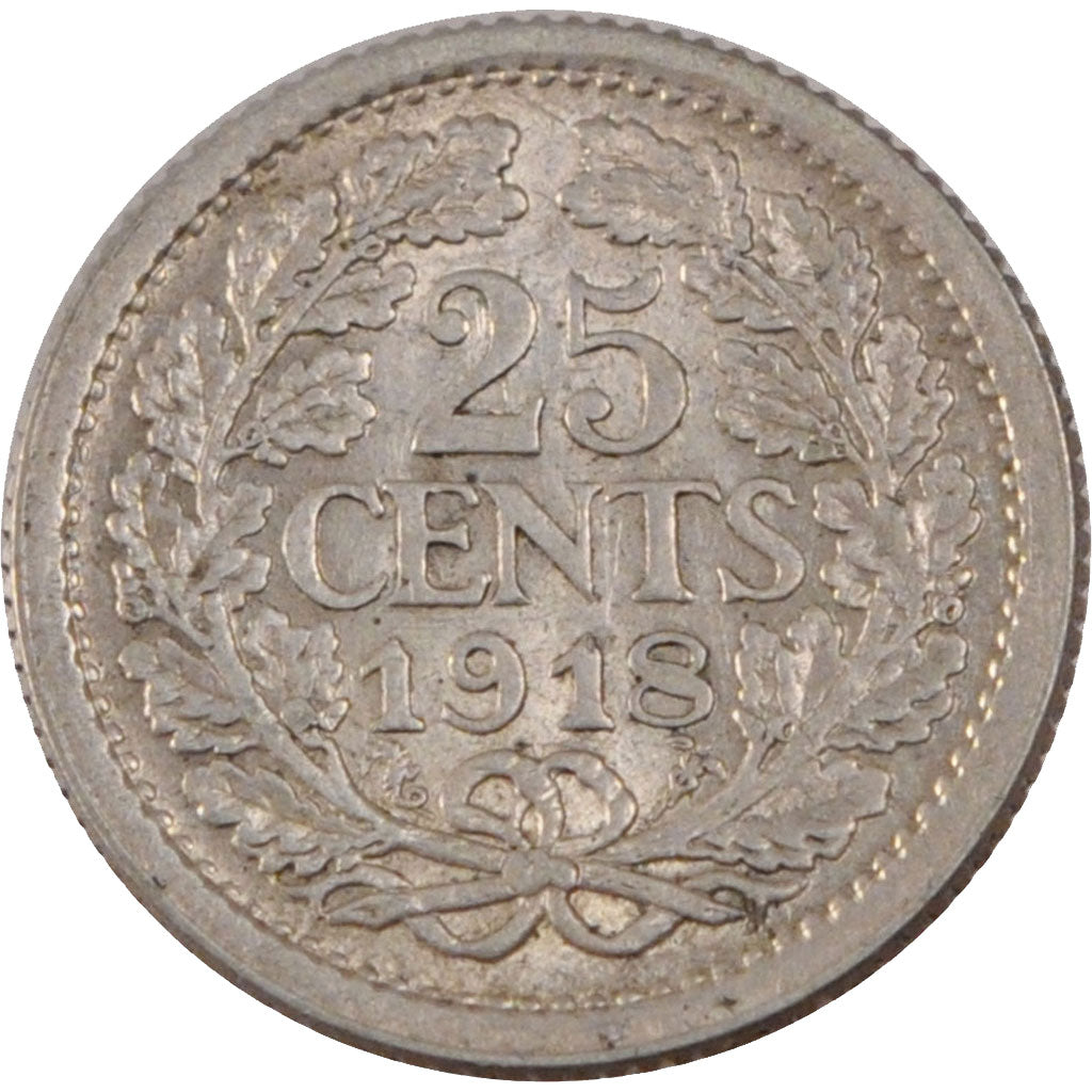 NETHERLANDS, 25 Cents, 1918, KM #146, AU(55-58), Silver, 19, 3.54