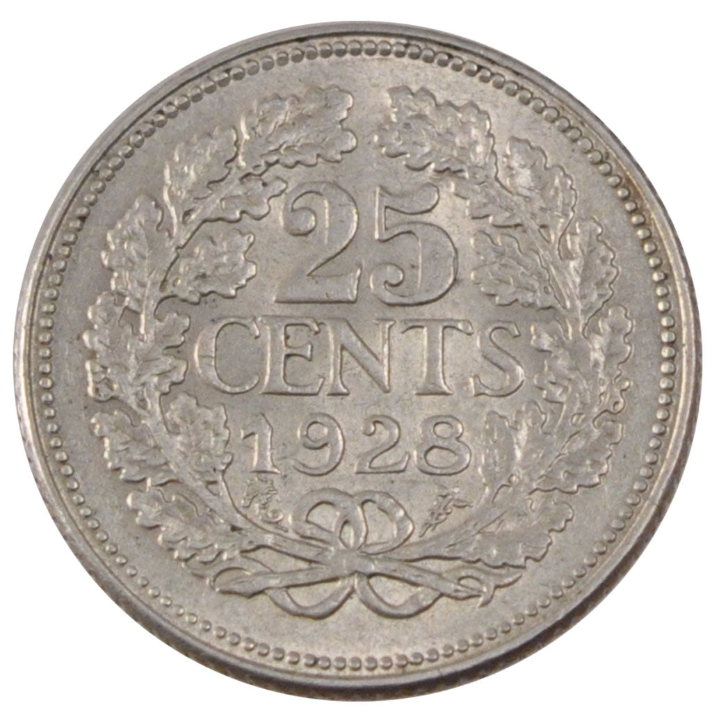 NETHERLANDS, 25 Cents, 1928, KM #164, AU(55-58), Silver, 19, 3.59