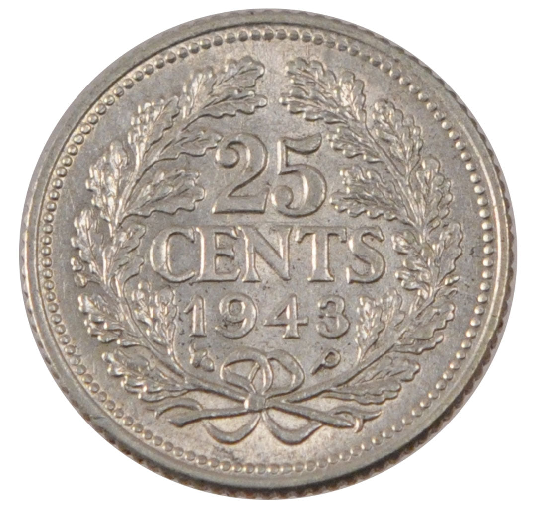 NETHERLANDS, 25 Cents, 1943, Philadelphia, KM #164, AU(55-58), Silver, 19, 3.58