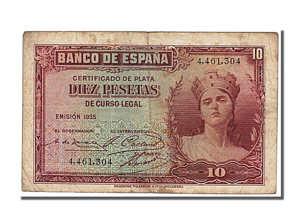 Banknot, Hiszpania, 10 Pesetas, 1935, EF(40-45)