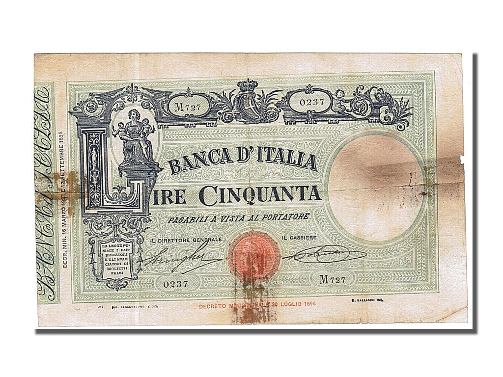 Italy, 50 Lire, 1927, KM #47a, 1927-03-16, VG(8-10), M727