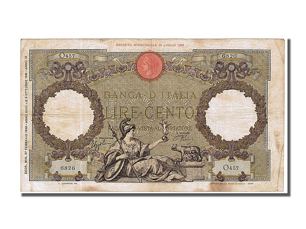 Italy, 100 Lire, 1940, 1940-02-27, EF(40-45), O457