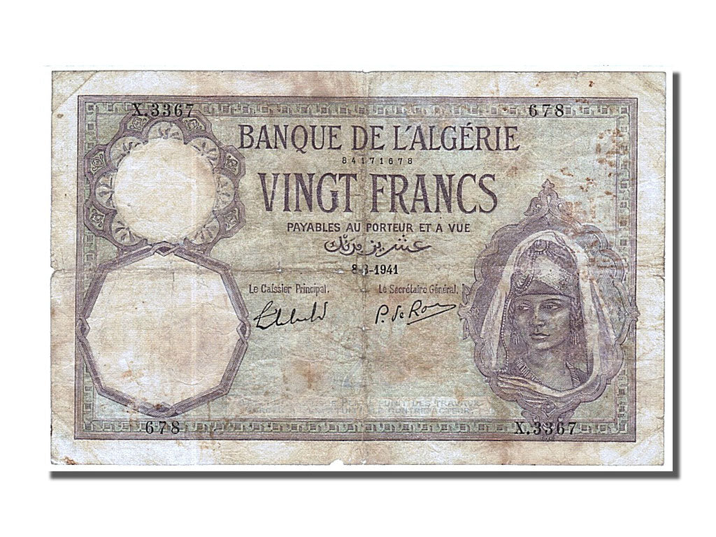 Algeria, 20 Francs, 1941, 1941-08-08, VF(20-25), X.3367