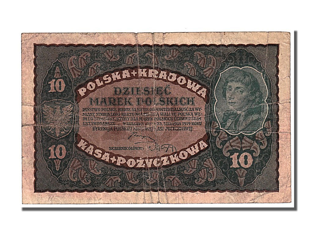 Poland, 10 Marek, 1919, KM #25, 1919-08-23, VF(20-25), DF