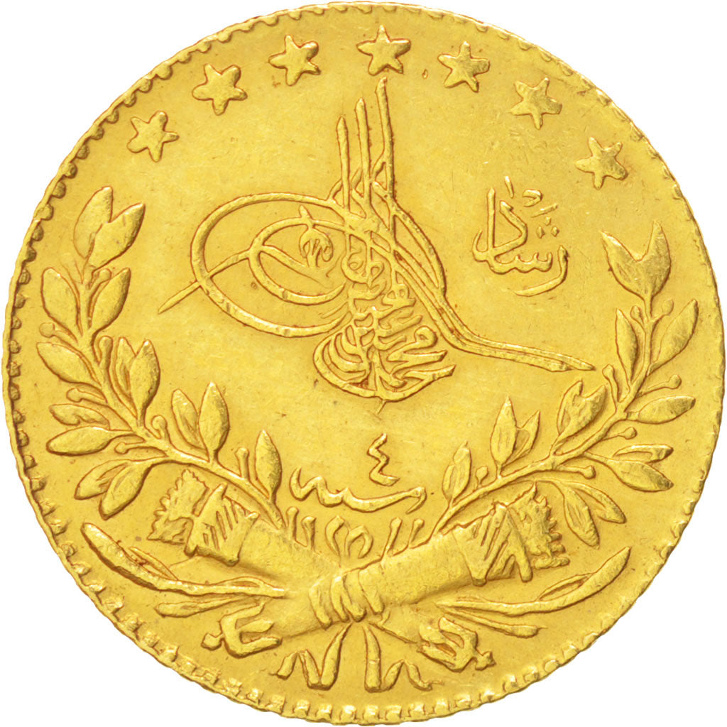Turkey, Muhammad V, 25 Kurush, 1912, Qustantiniyah, AU(55-58), Gold, KM:752