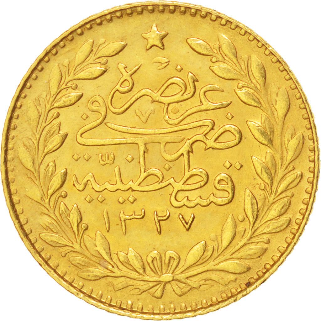Turkey, Muhammad V, 25 Kurush, 1912, Qustantiniyah, AU(55-58), Gold, KM:752