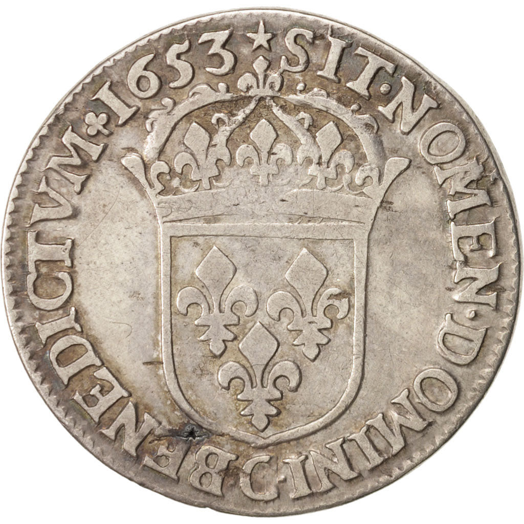 France, Louis XIV, 1/2 Écu à la mèche longue, 1653, Saint Lô, VF(20-25),KM 164.4