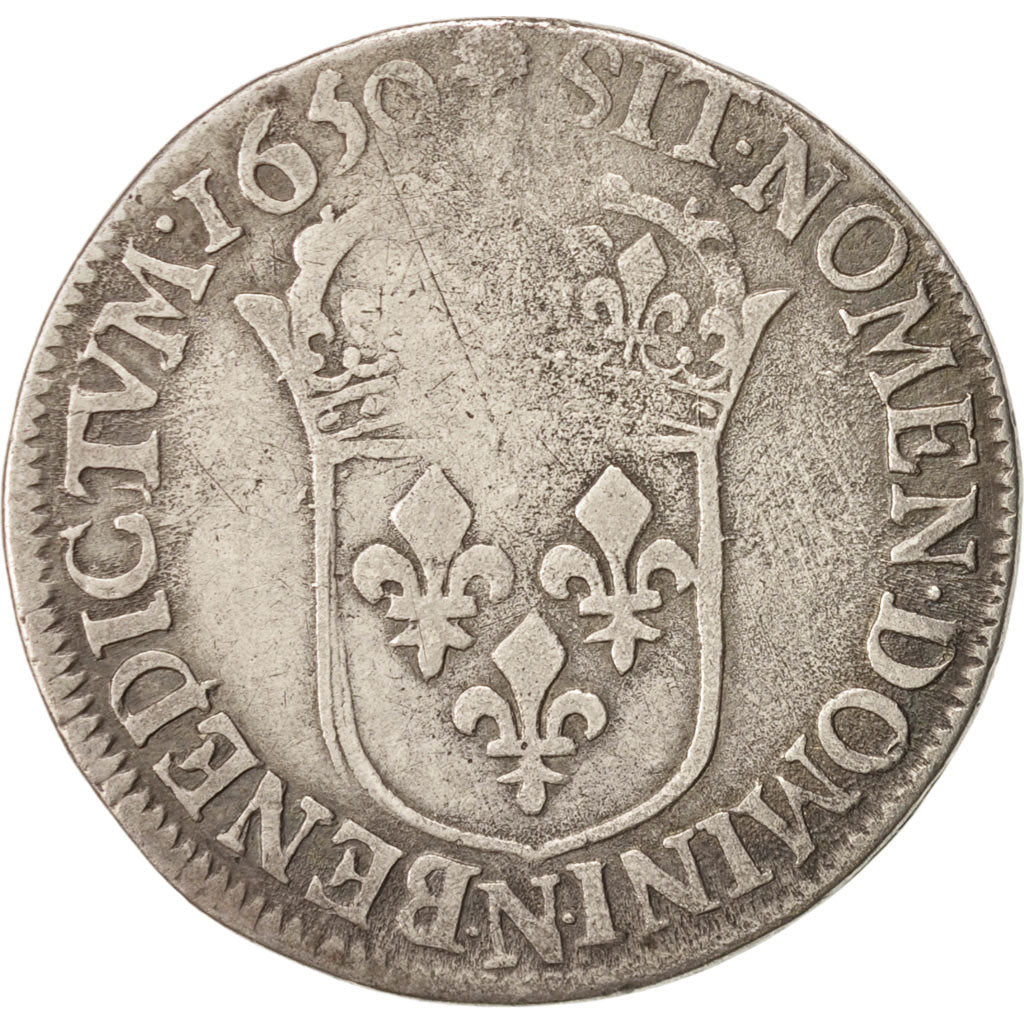 France,Louis XIV,1/2 Écu à la mèche longue,1650,Montpellier,VF (20-25),KM 164.14