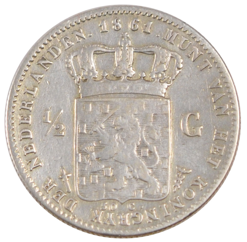 NETHERLANDS, 1/2 Gulden, 1861, KM #92, VF(30-35), Silver, 22, 4.83