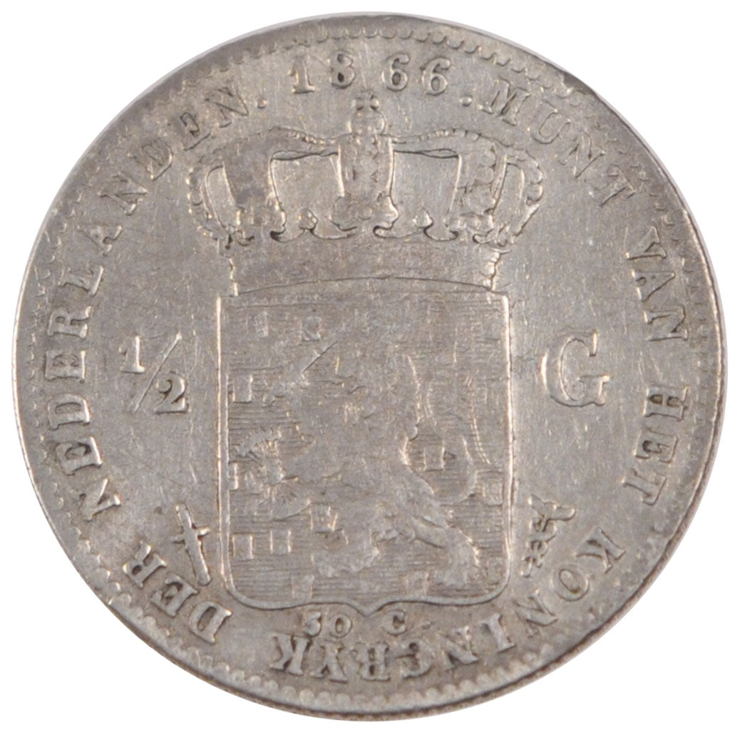 Coin, Netherlands, William III, 1/2 Gulden, 1866, VF(30-35), Silver, KM:92