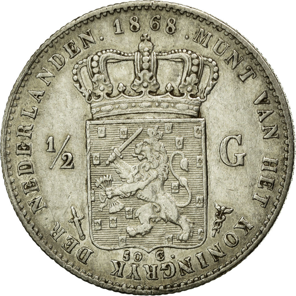Coin, Netherlands, William III, 1/2 Gulden, 1868, AU(55-58), Silver, KM:92