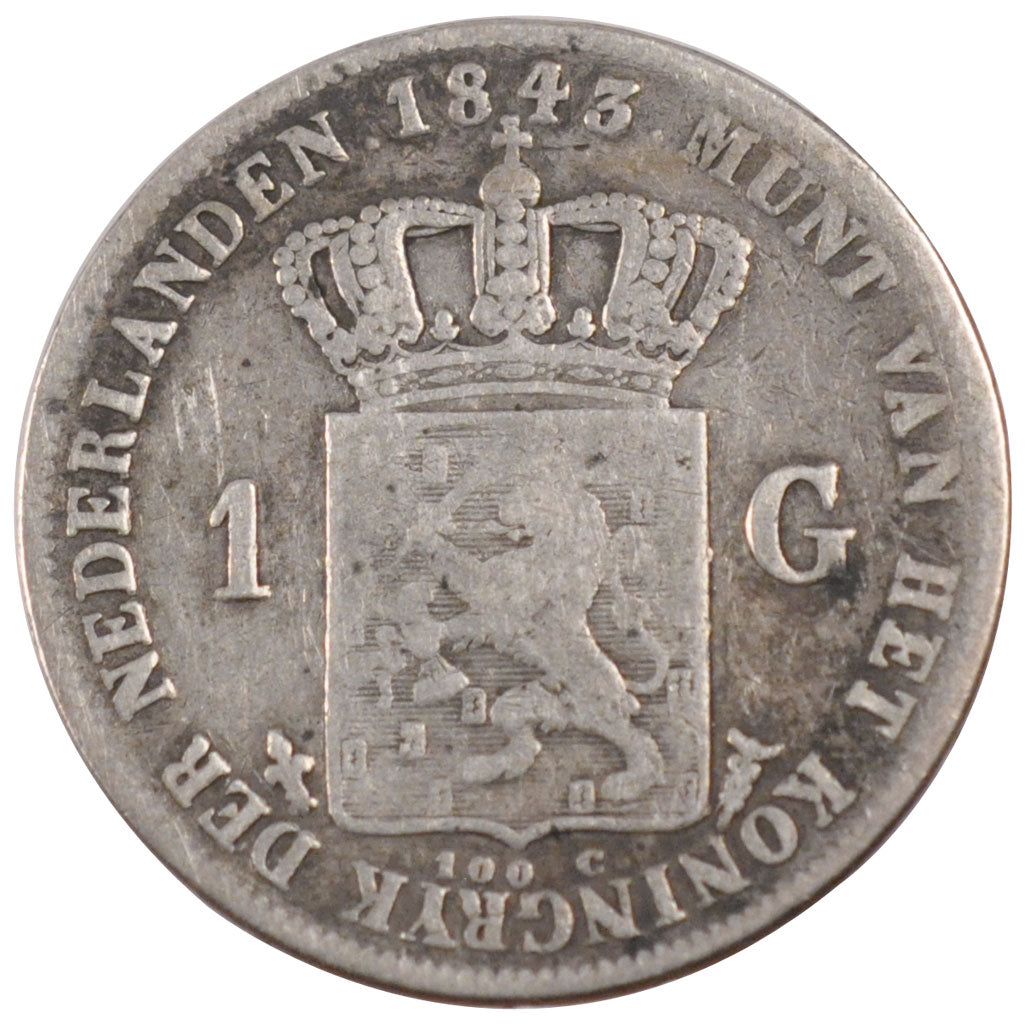 NETHERLANDS, Gulden, 1843, KM #66, VF(20-25), Silver, 28, 9.63