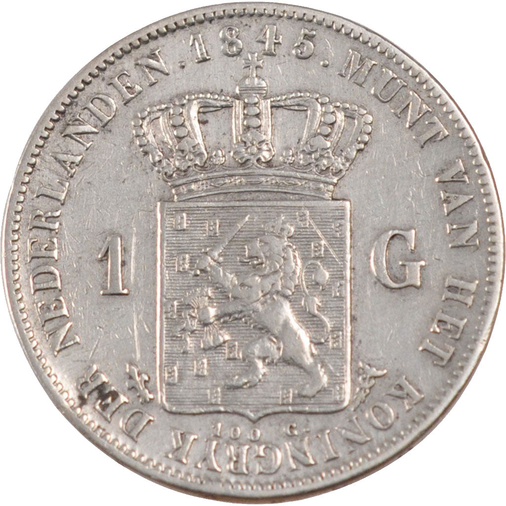 NETHERLANDS, Gulden, 1845, KM #66, AU(55-58), Silver, 28, 9.93