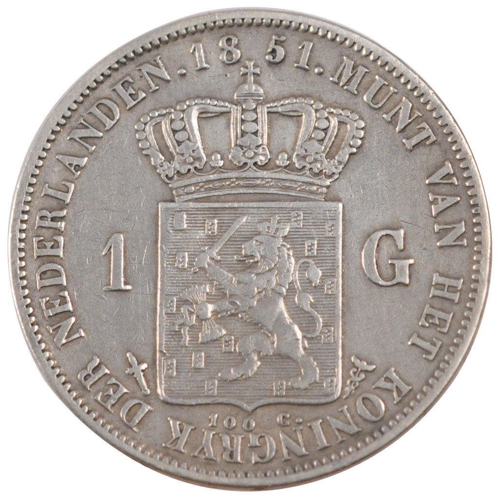 NETHERLANDS, Gulden, 1851, KM #93, EF(40-45), Silver, 28, 9.85