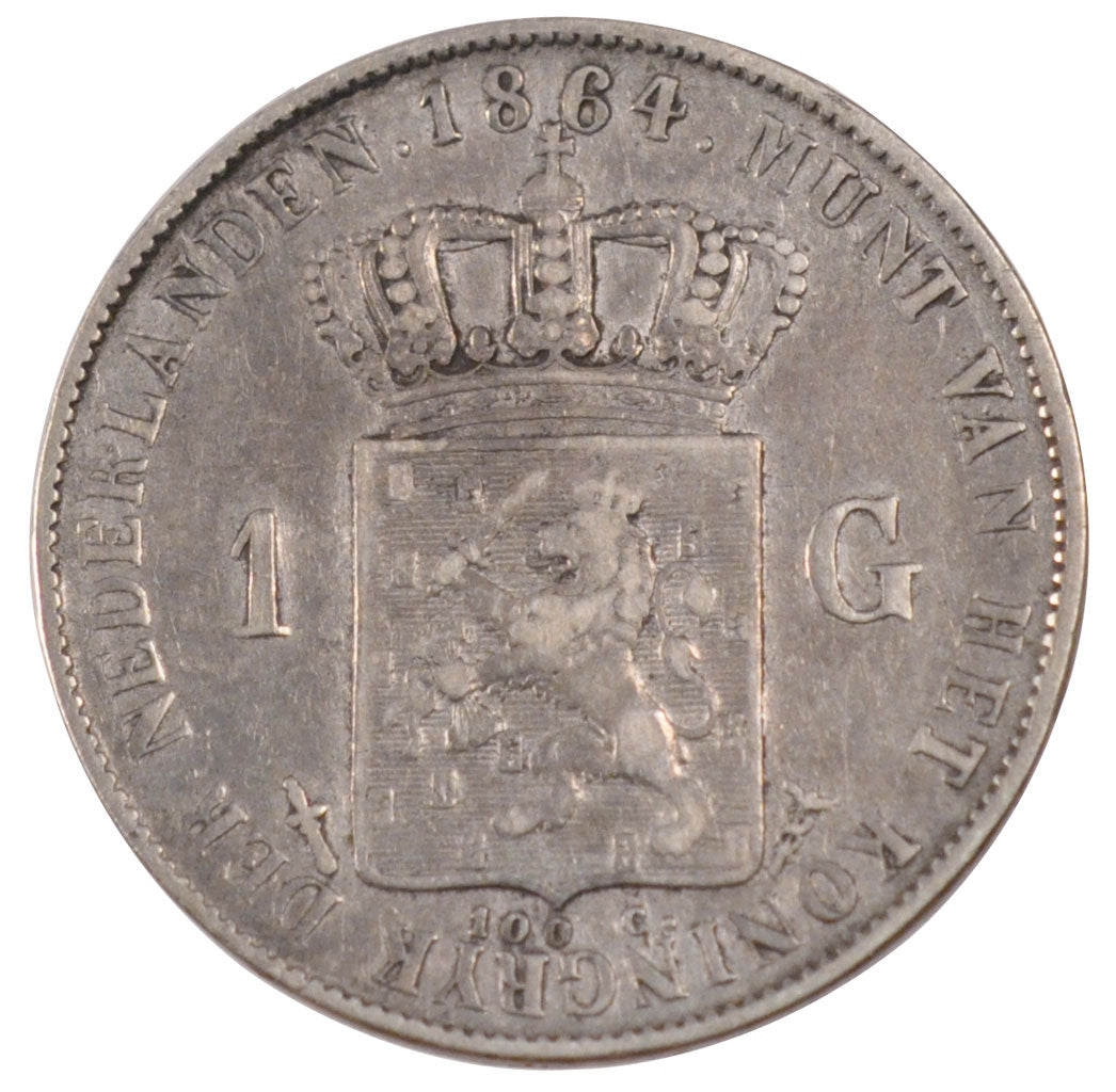 NETHERLANDS, Gulden, 1864, KM #93, EF(40-45), Silver, 28, 9.86