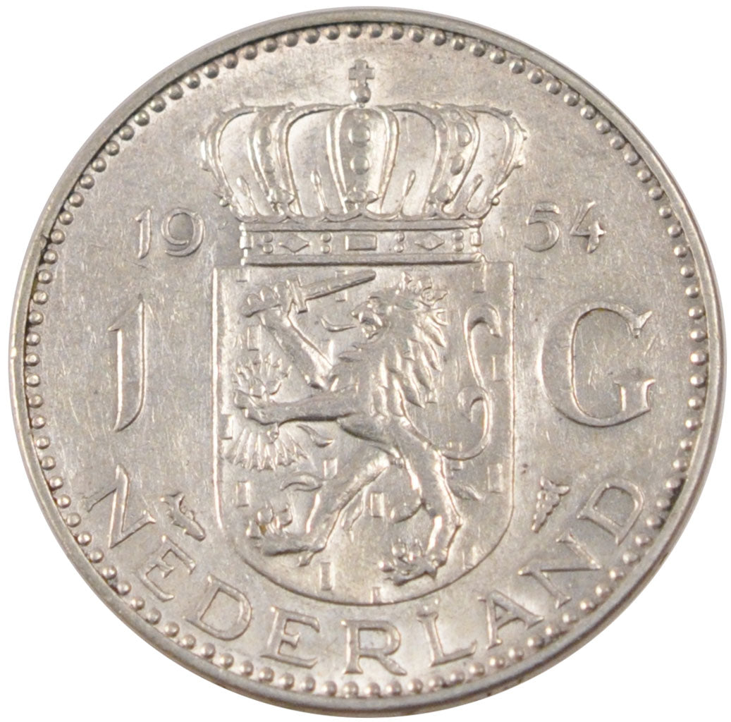 NETHERLANDS, Gulden, 1954, KM #184, AU(55-58), Silver, 25, 6.47