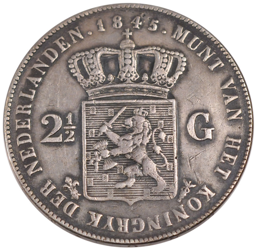 NETHERLANDS, 2-1/2 Gulden, 1845, KM #69.2, VF(30-35), Silver, 38, 24.88