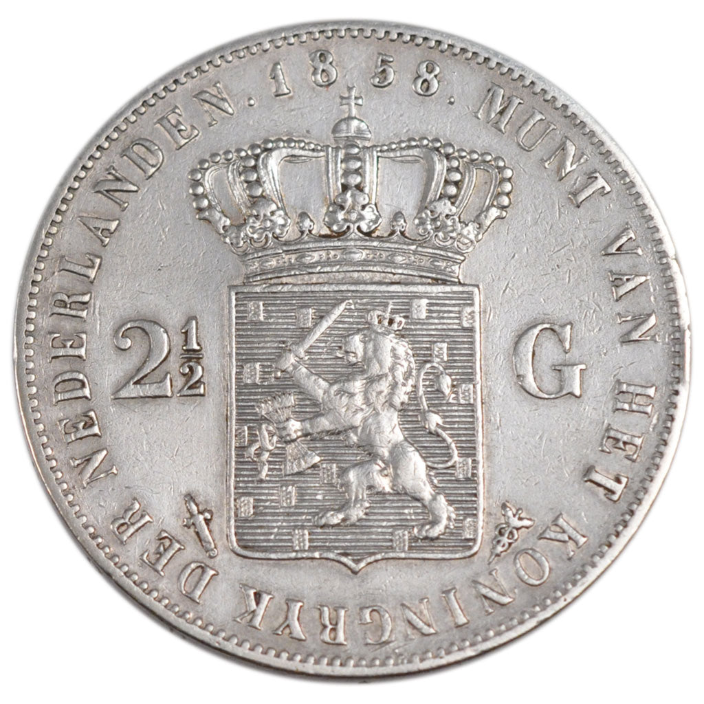 NETHERLANDS, 2-1/2 Gulden, 1858, KM #82, AU(50-53), Silver, 38, 24.82