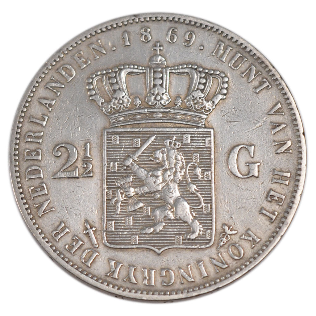 NETHERLANDS, 2-1/2 Gulden, 1869, KM #82, AU(50-53), Silver, 38, 24.84