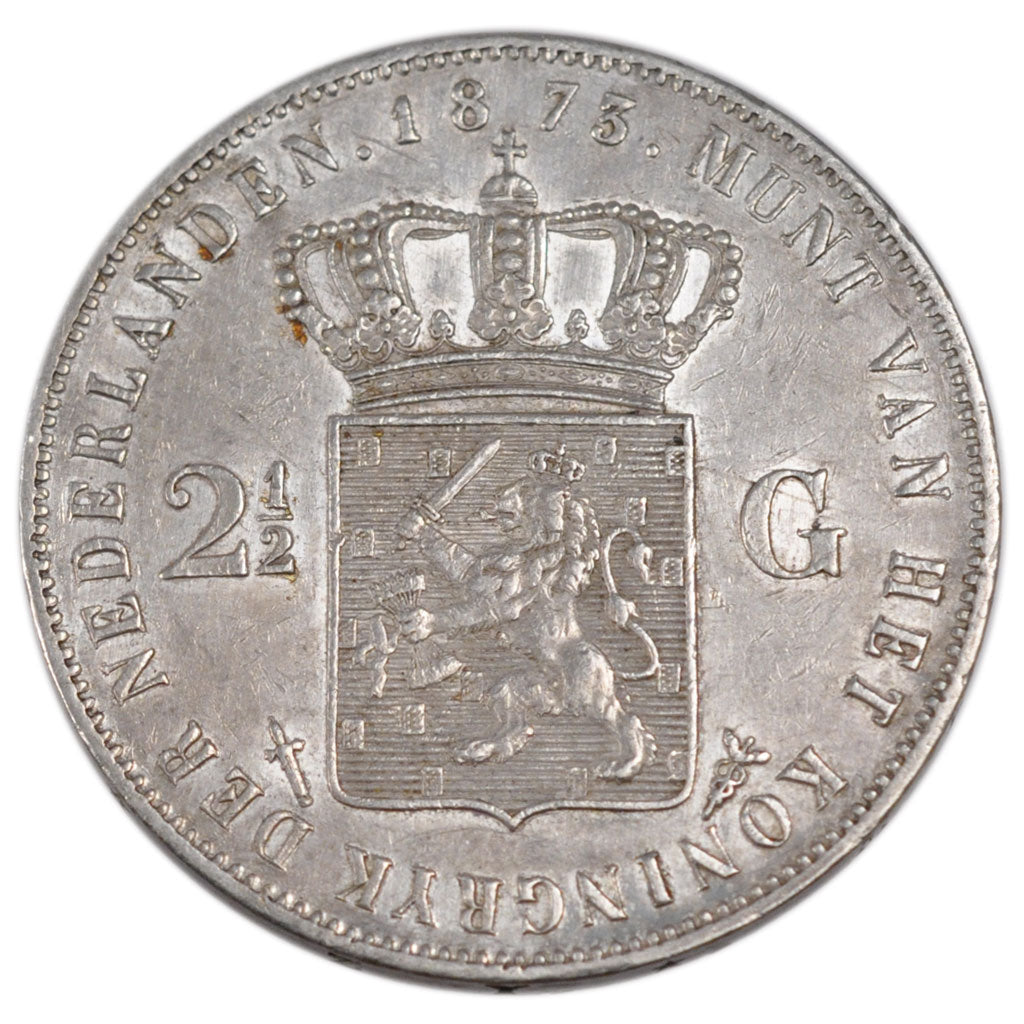 NETHERLANDS, 2-1/2 Gulden, 1873, KM #82, AU(55-58), Silver, 38, 24.93
