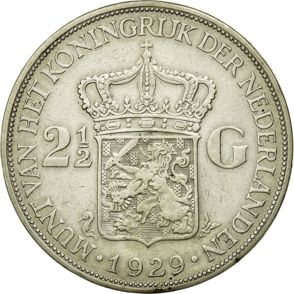 Coin, Netherlands, Wilhelmina I, 2-1/2 Gulden, 1929, EF(40-45), Silver, KM:165