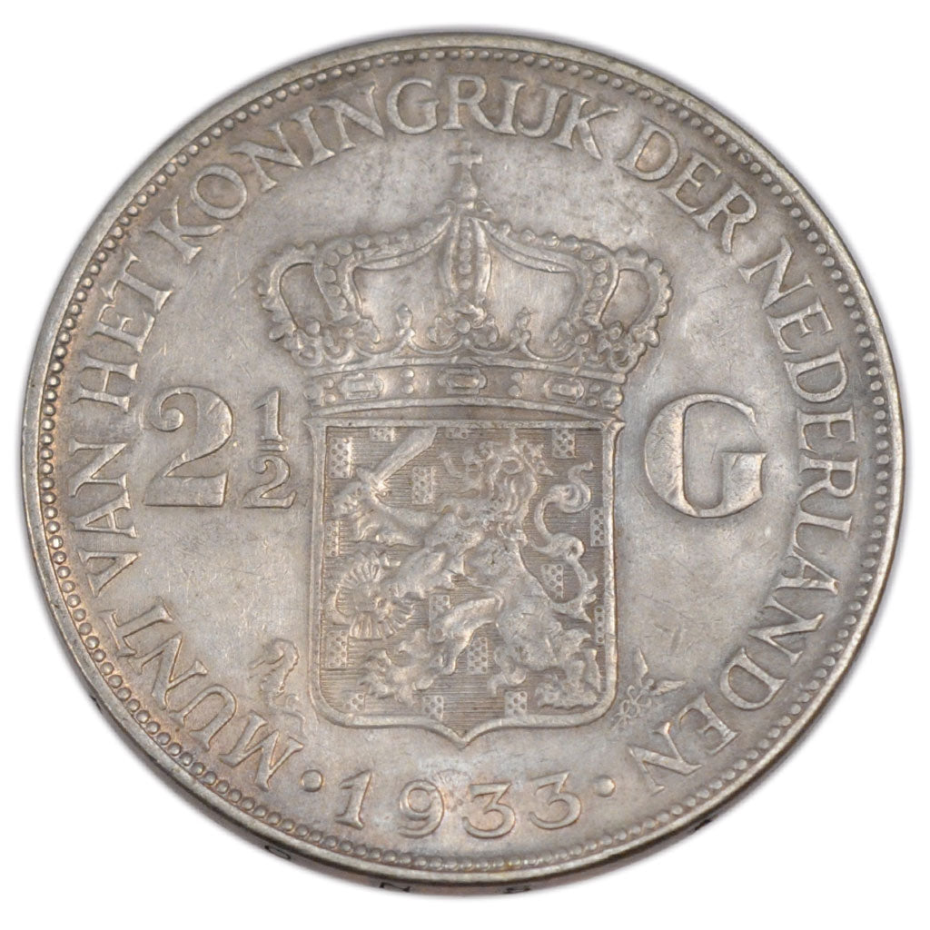 NETHERLANDS, 2-1/2 Gulden, 1933, KM #165, AU(55-58), Silver, 38, 24.92
