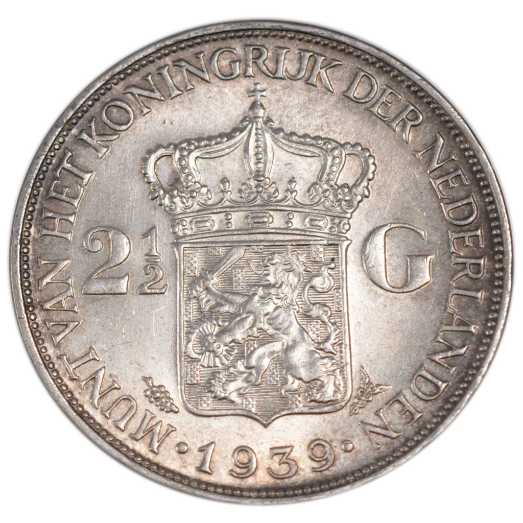 NETHERLANDS, 2-1/2 Gulden, 1939, KM #165, AU(55-58), Silver, 38, 24.97