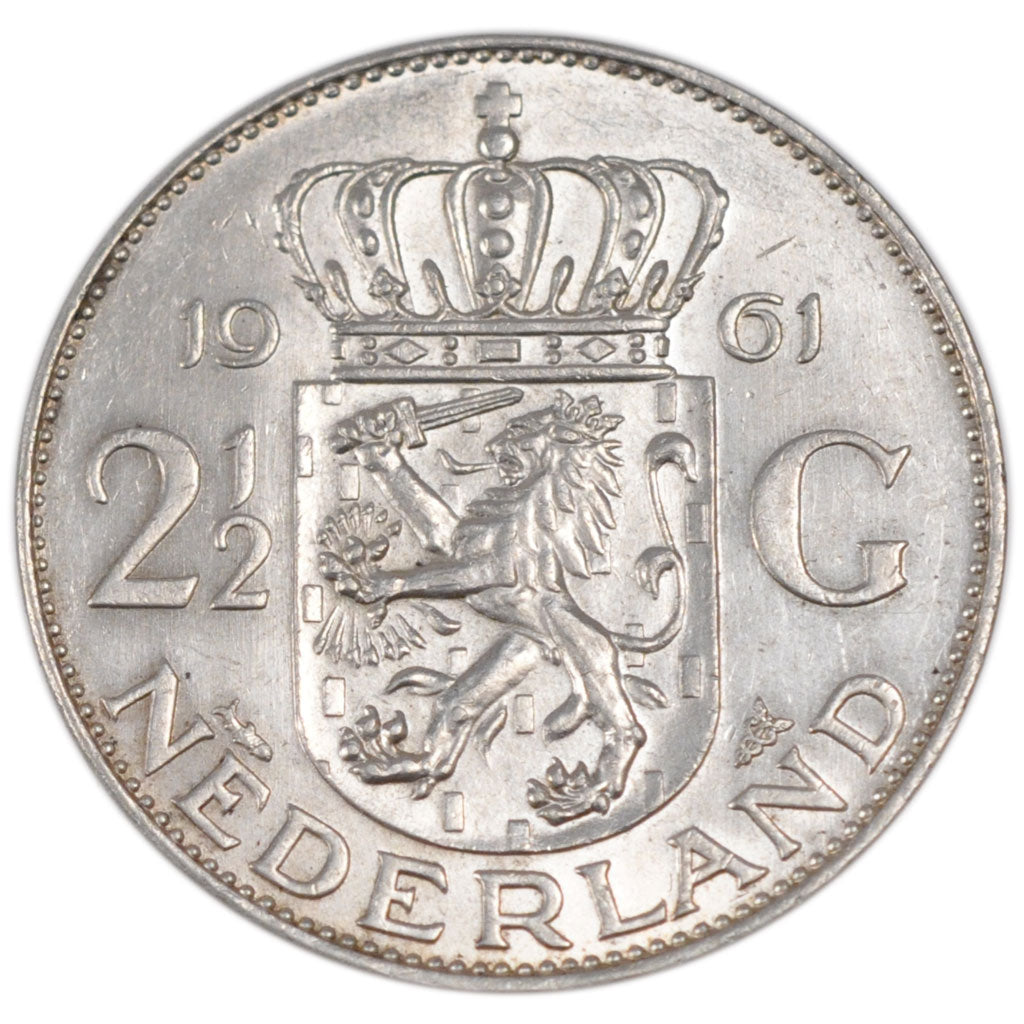 NETHERLANDS, 2-1/2 Gulden, 1961, KM #185, AU(55-58), Silver, 33, 14.96