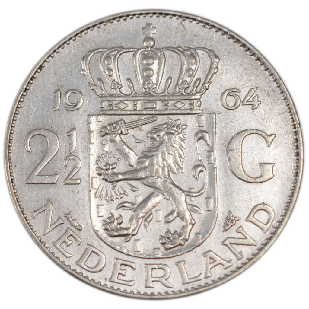 NETHERLANDS, 2-1/2 Gulden, 1964, KM #185, AU(55-58), Silver, 33, 15.00