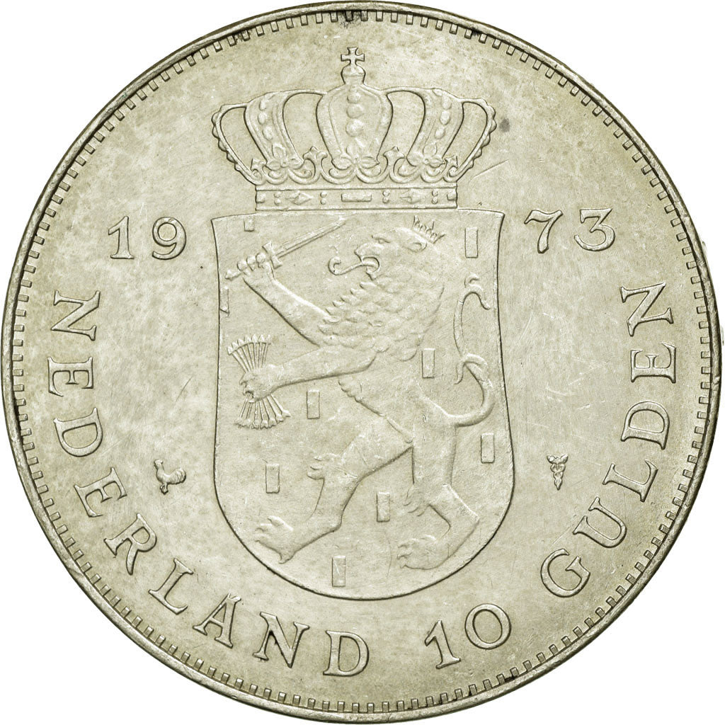 Coin, Netherlands, Juliana, 10 Gulden, 1973, AU(55-58), Silver, KM:196