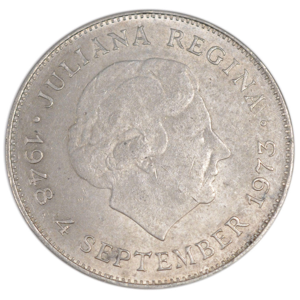 NETHERLANDS, 10 Gulden, 1973, KM #196, AU(55-58), Silver, 38, 25.00