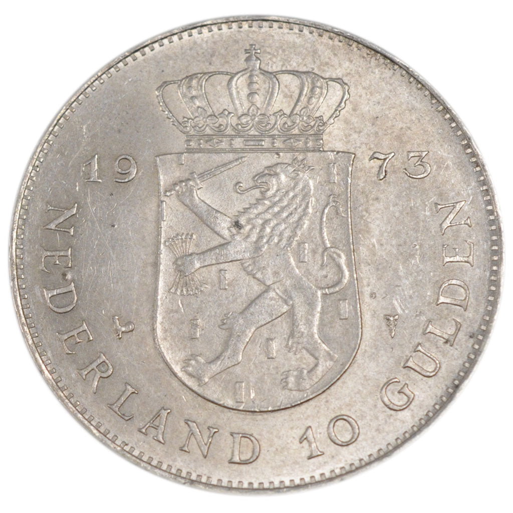NETHERLANDS, 10 Gulden, 1973, KM #196, AU(55-58), Silver, 38, 25.00