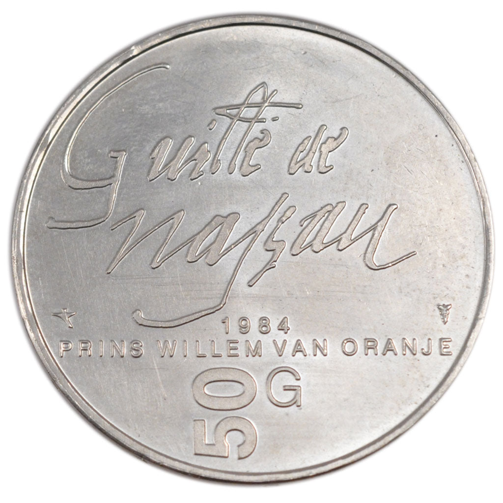 NETHERLANDS, 50 Gulden, 1984, KM #208, AU(55-58), Silver, 38, 25.13
