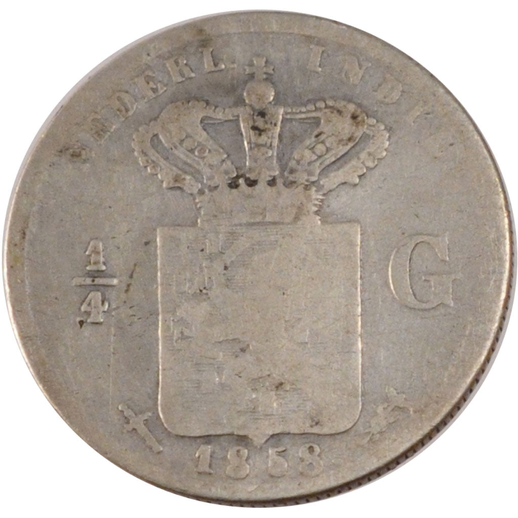 Indie Orientali Olandesi, 1/4 Gulden, 1858, MB, Argento, KM:305