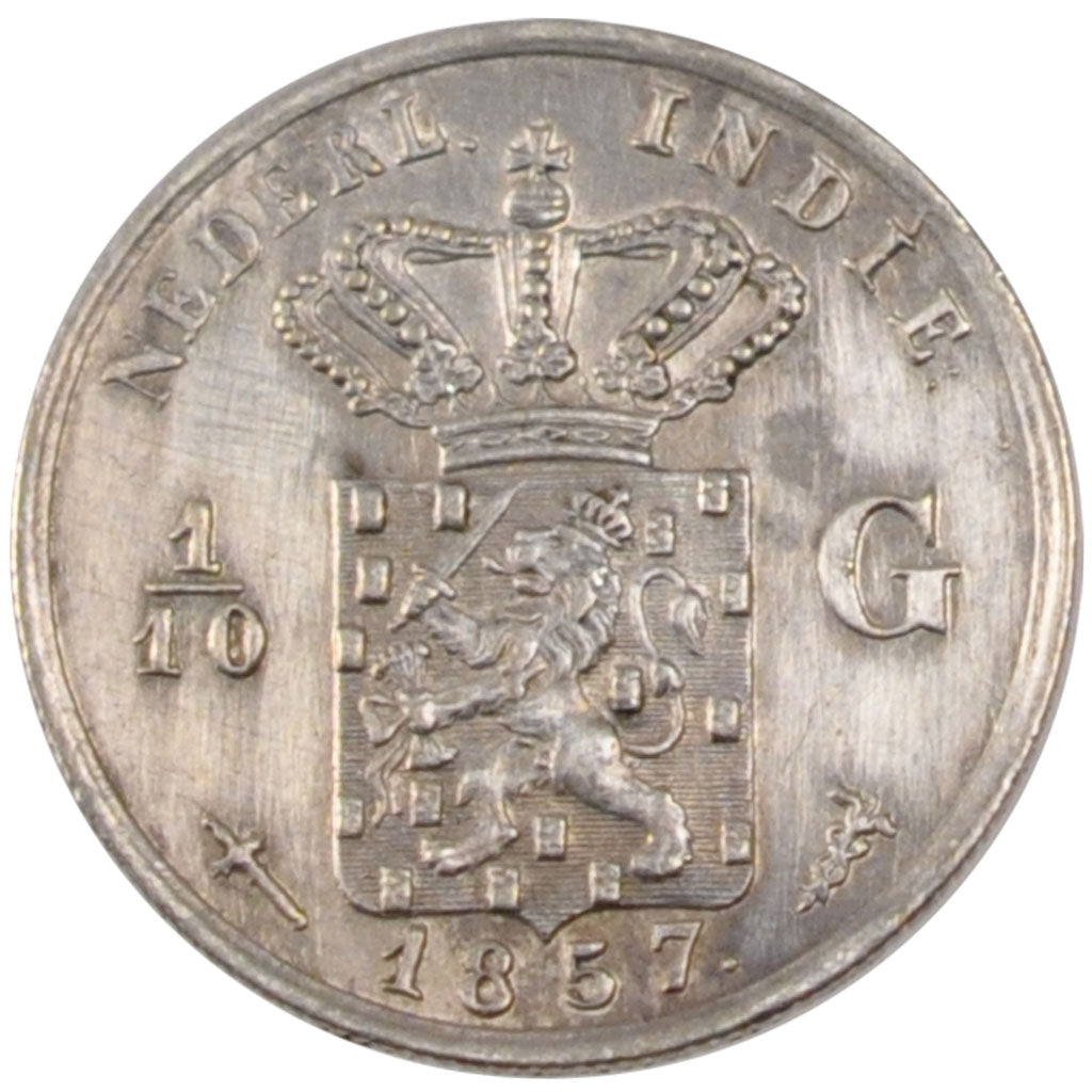 Dutch East India, 1/10 Gulden, 1857, KM #304, MS(60-62), Silver, 1.25