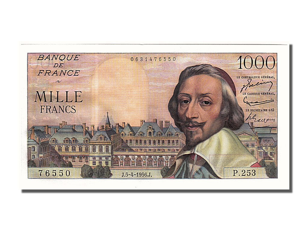 France, 1000 Francs, 1 000 F 1953-1957 ''Richelieu'', 1956, KM #134a,...