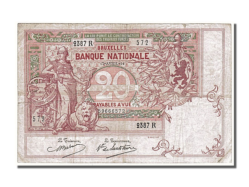 Belgium, 20 Francs, 1914, KM #67, 1914-04-17, EF(40-45), 2387R