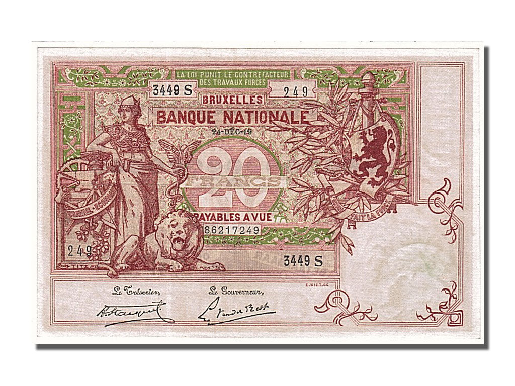 Belgium, 20 Francs, 1919, KM #67, 1919-12-24, UNC(60-62), 3449S