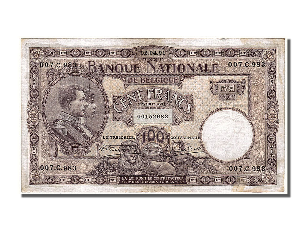 Belgium, 100 Francs, 1921, KM #95, 1921-04-02, EF(40-45), 007.C.983