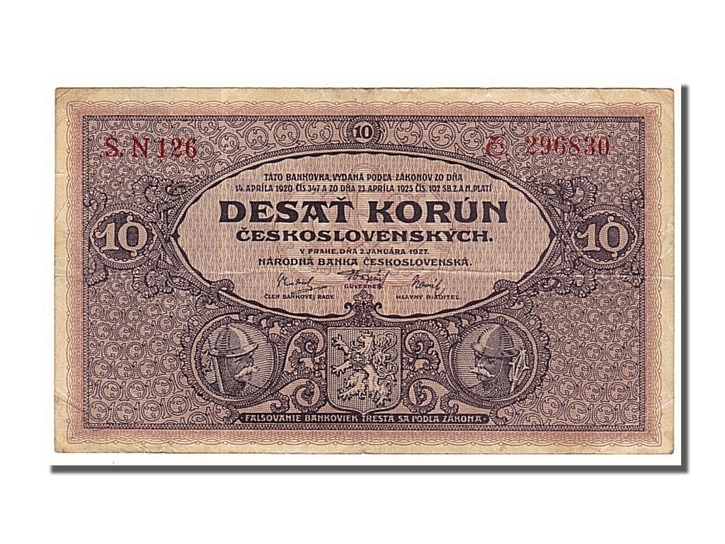Czechoslovakia, 10 Korun, 1927, KM #20a, 1927-01-02, AU(55-58), S.N 126