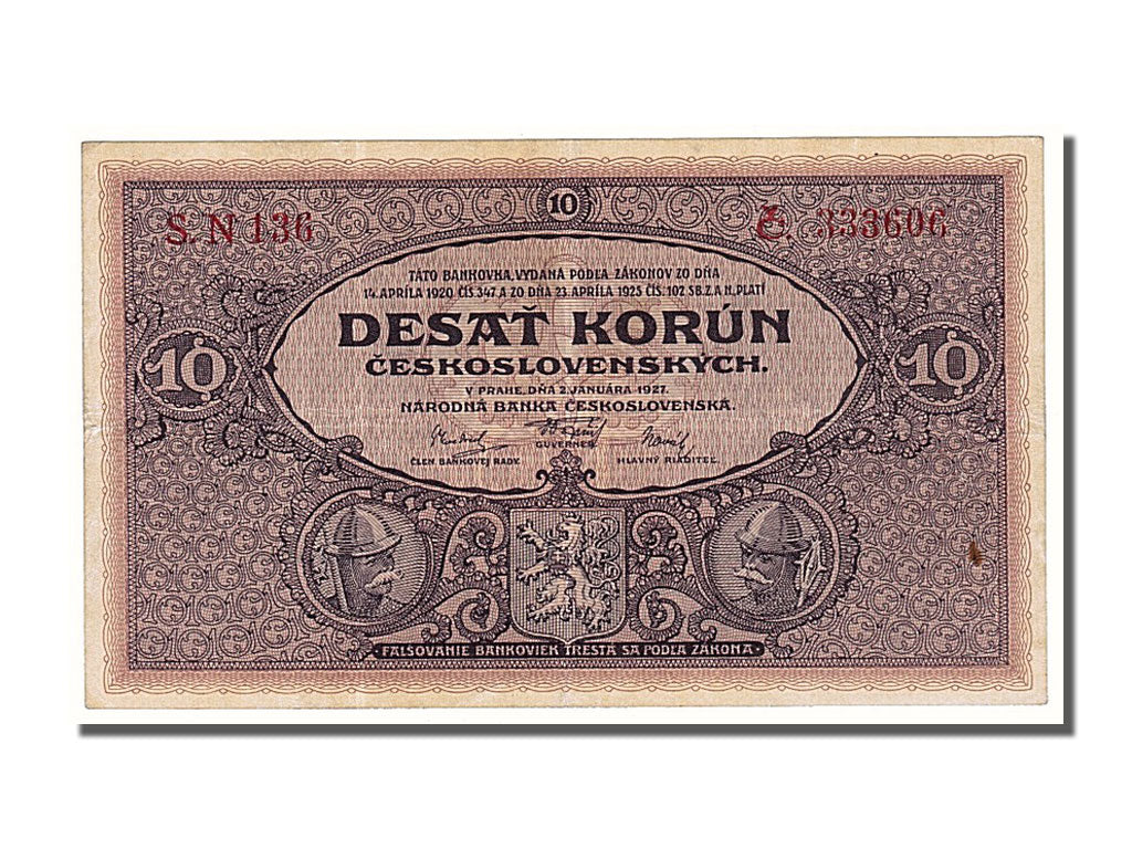 Czechoslovakia, 10 Korun, 1927, KM #20a, 1927-01-02, AU(55-58), S.N 136