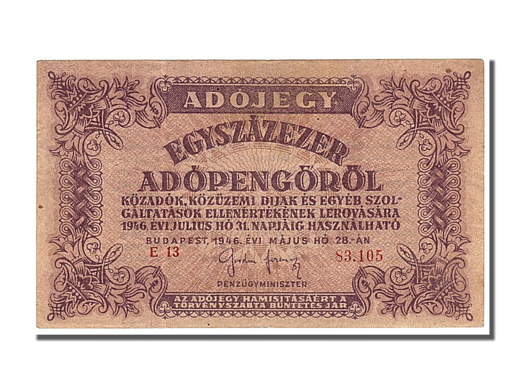 Banknote, Hungary, 100,000 (Egyszázezer) Adópengö, 1946, 1946-05-28